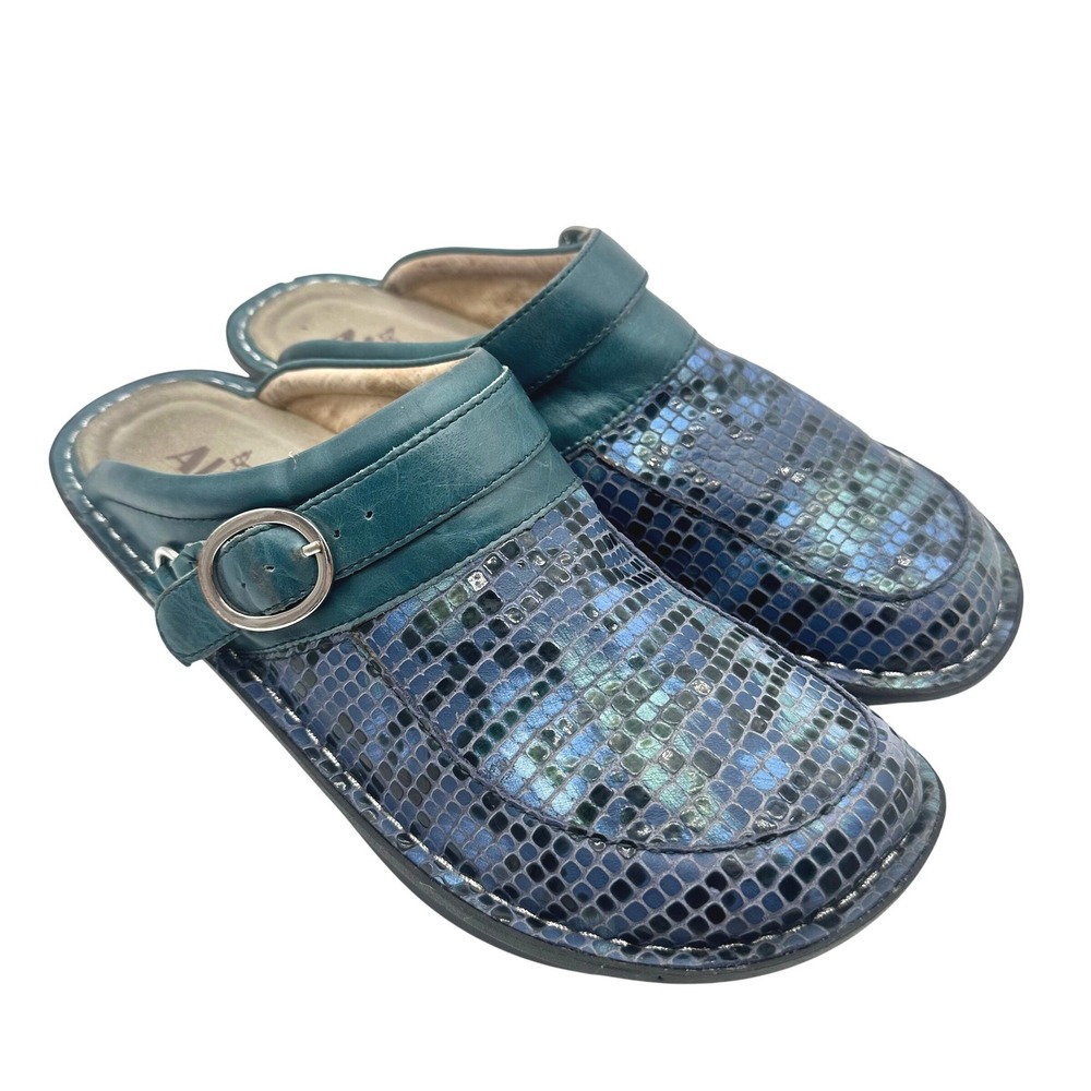 Alegria Seville Blue Teal Mosaic Snakeskin Leather Clogs Swivel Strap 40/9.5-10 - Picture 1 of 11